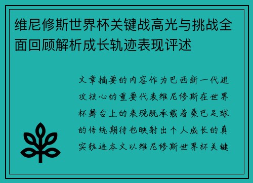 维尼修斯世界杯关键战高光与挑战全面回顾解析成长轨迹表现评述